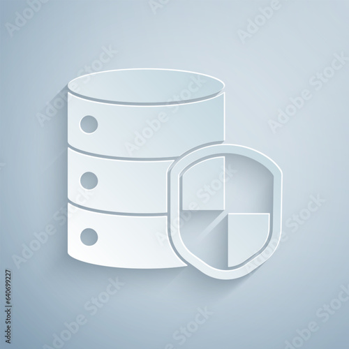 Paper cut Server with shield icon isolated on grey background. Protection against attacks. Network firewall, router, switch, data. Paper art style. Vector Illustration