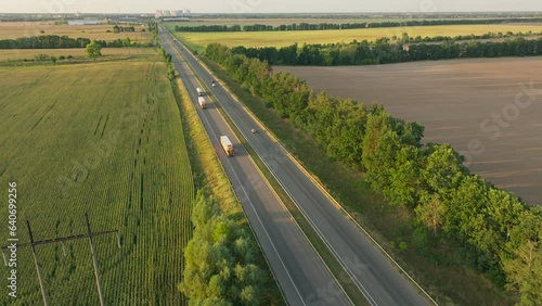 Truck driving highway sun sunset road transport forest field aerial
