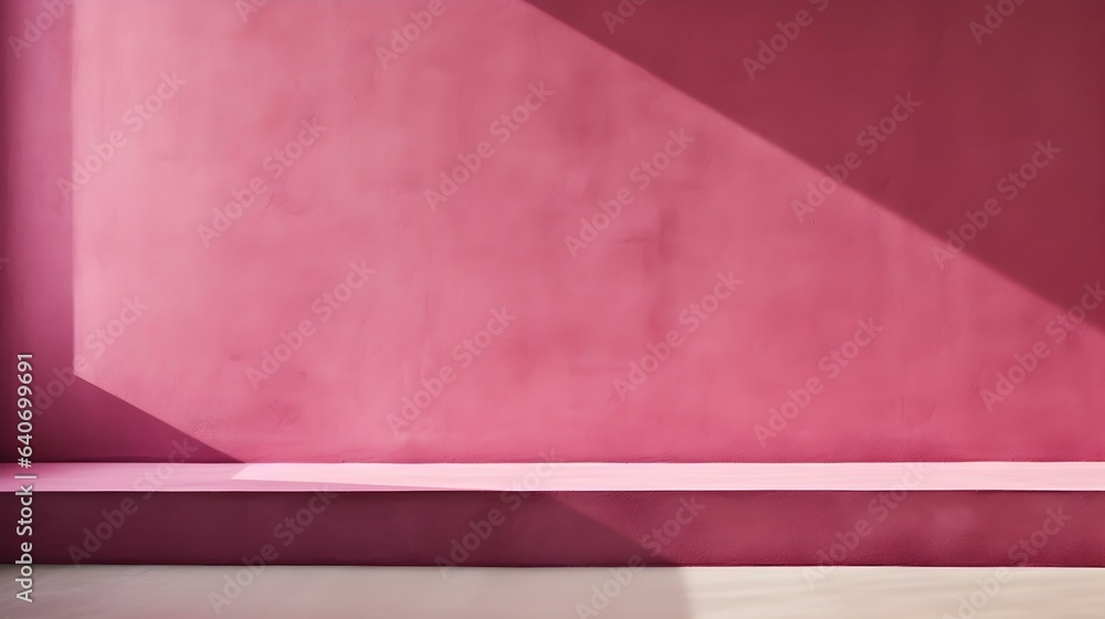 Empty Room in magenta Colors with Shadows on the Wall. Minimal Podium for Product Presentation.
