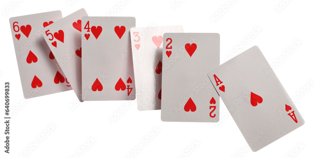 Deck of red hearts cards in flying isolated on white, clipping path Deck of red hearts cards in flying isolated on white, clipping path