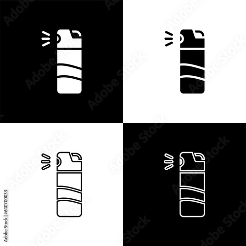Set Pepper spray icon isolated on black and white background. OC gas. Capsicum self defense aerosol. Vector