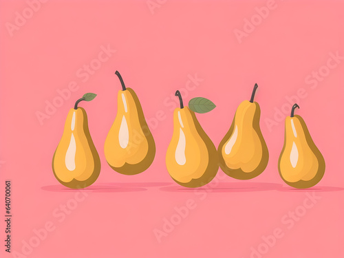 Five yellow pears on pink background. Mockup, copy space