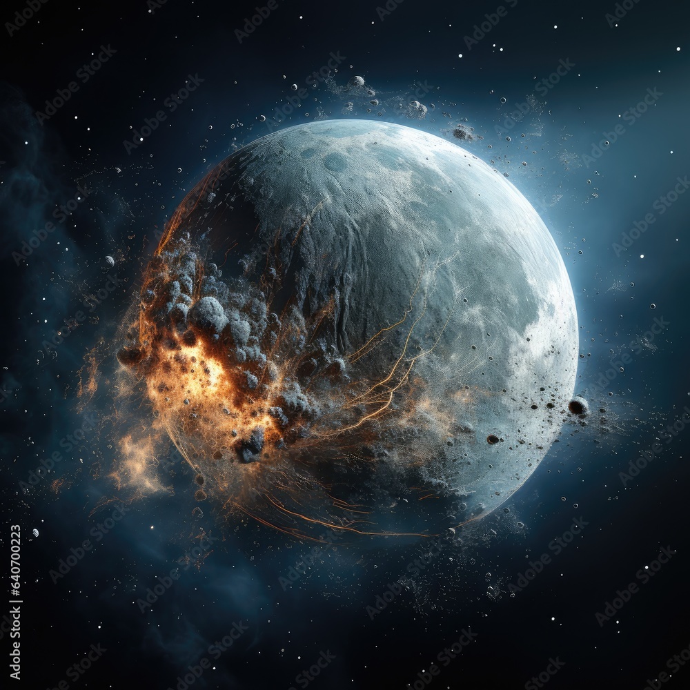 Planet Earth in space and explosions on it. Great fires around the world as a result of meteor strike. Elements of this image provided by NASA