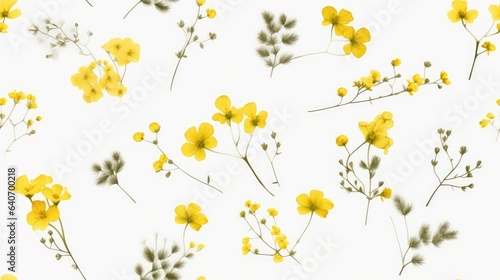Seamless pattern of mustard flowers on white background. Beautiful yellow spring flowers. Generative AI © Op Creator