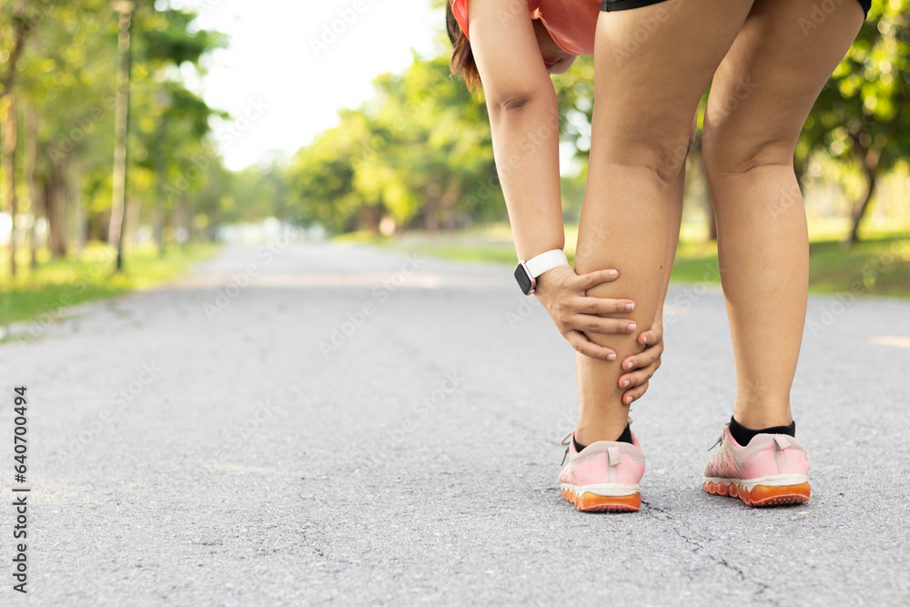 Injury from workout concept. Running sport injury leg pain. Runner