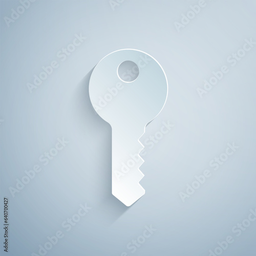 Paper cut House key icon isolated on grey background. Paper art style. Vector