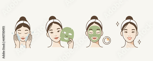 Skincare illustrations set. Collection of girl washing her face and applying facial sheet mask. Vector illustration.