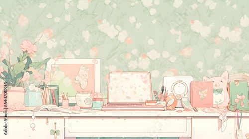 a beautiful japanese room at sunset anime cartoonish artstyle. cozy lofi asian architecture, aesthetic wallpaper for mobile phone, pink, green and purple pastel colors, window, table