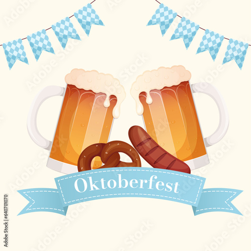 Traditional Germany festival Oktoberfest banner, postcard, social media post template with glass of beer, sausage, pretzel and Bavaria flags.