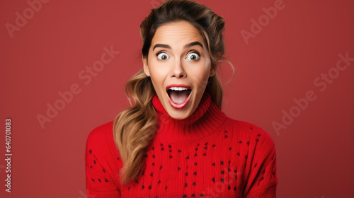 Young woman wearing casual clothes shocked with surprise and amazed expression on red background © MP Studio