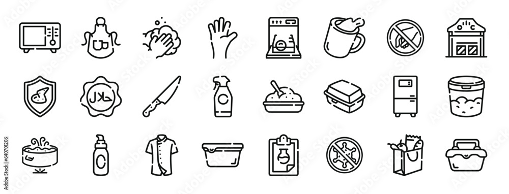 set of 24 outline web food safety icons such as microwave, apron, hand ...