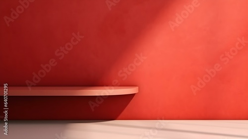 Empty Room in red Colors with Shadows on the Wall. Minimal Podium for Product Presentation. 
