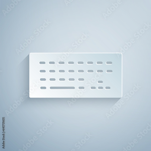 Paper cut Computer keyboard icon isolated on grey background. PC component sign. Paper art style. Vector