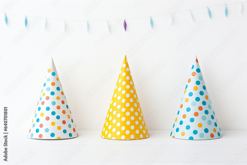 Many colorful party paper hats with various patterns isolated on a simple white background for decoration. Generative AI.