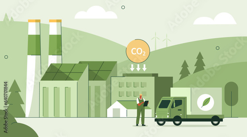 Sustainable factory concept. Character working in sustainable energy production industry using green energy technology to reduce CO2 emissions and  its impact on the climate. Vector illustration.