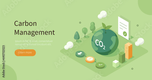 Sustainability isometric concept. Co2 emission impact reduction through carbon management and taxes. Low carbon and environmental responsibility. Vector illustration.