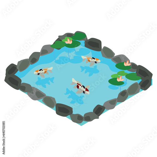 isometric pond lined with stones with carps and water lilies in Japanese style. Open illustration isolated on white background.