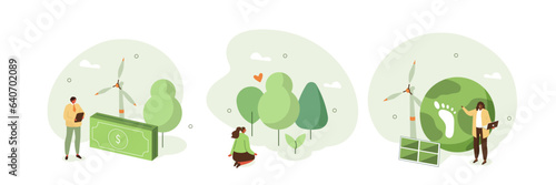 Sustainable development concept illustration. Collections of men and women characters showing benefits of green industry, renewable energy and forest conservation. Vector illustrations set.