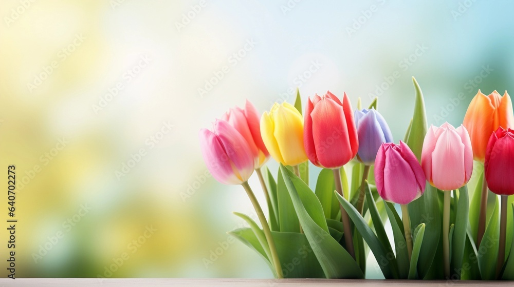 A group of colorful tulips arranged in a row with space for text and a blurred soft-toned background, offering a harmonious setting for text placement. AI prompt.