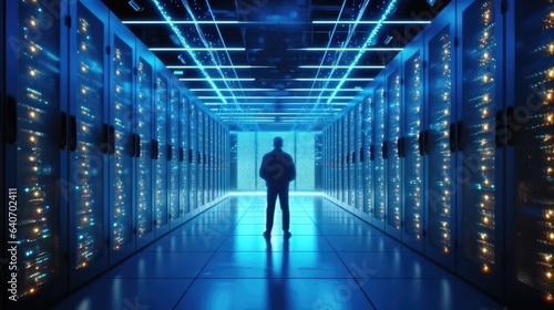 Back view of businessman standing in futuristic server room with binary code