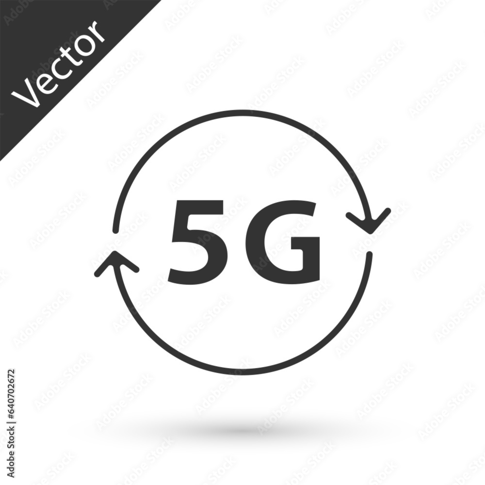 Grey 5G new wireless internet wifi connection icon isolated on white background. Global network high speed connection data rate technology. Vector Grey 5G new wireless internet wifi connection icon isolated on white background. Global network high speed connection data rate technology. Vector