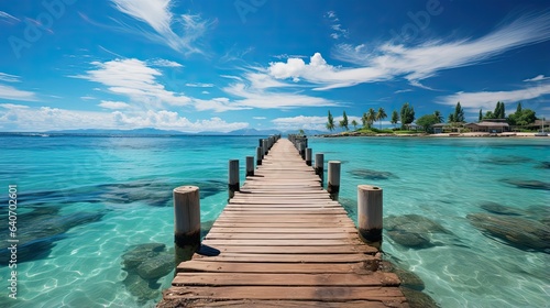 Wooden pier to an island and beautiful beach, blue sky and tropical landscape background, concept for summer travel and vacation.