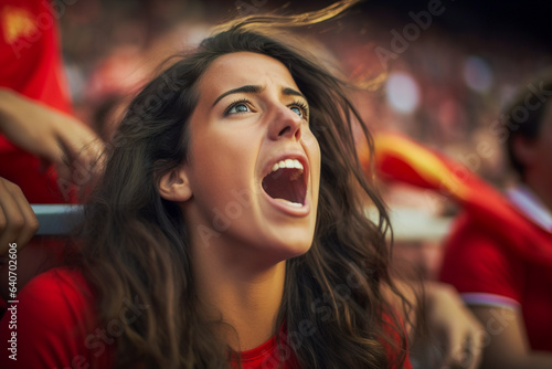 Aficionadas españolas de fútbol en un estadio de la Copa del Mundo celebrando el campeonato de la selección nacional de fútbol de España.
 photo