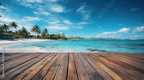 Wooden floor with beautiful blue sky scenery for background. Wood texture pier and sea background.