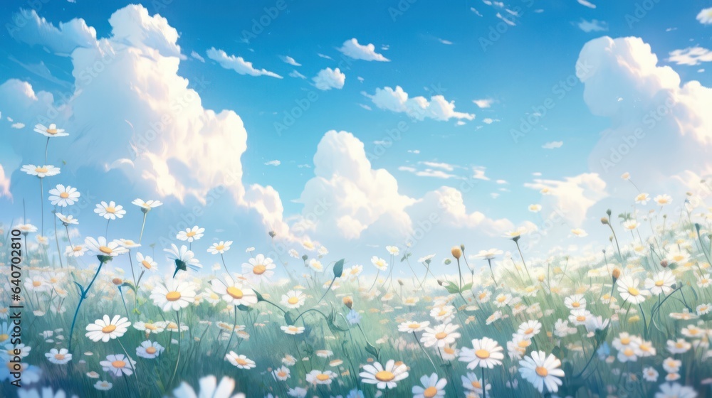 Anime illustration of beautiful field meadow flowers chamomile as a nature landscape background. - obrazy, fototapety, plakaty 