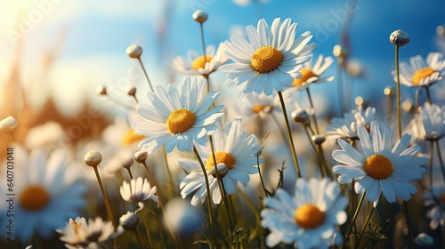 Beautiful field meadow flowers chamomile  Blue in the morning  nature landscape.