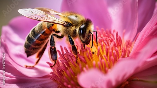 A macro shot of a bee delicately collecting nectar from the heart of a vibrant pink peony blossom. AI generated