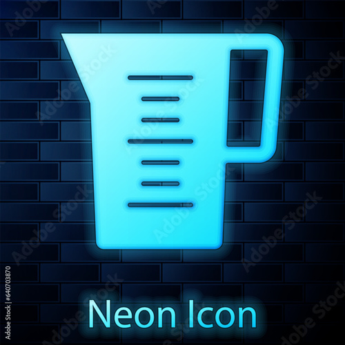 Glowing neon Jug glass with water icon isolated on brick wall background. Kettle for water. Glass decanter with drinking water. Vector