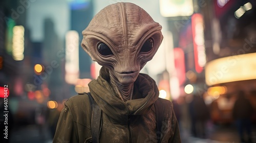 Alien in New York wearing a hoodie, Alien whistleblower declassified reports UFO sightings conspiracy theory photo
