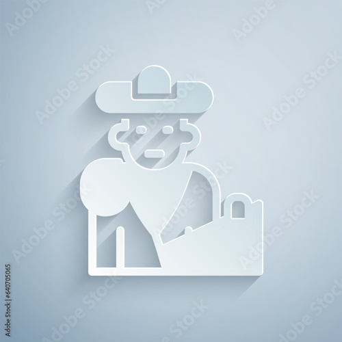 Paper cut Spain bullfight, matador icon isolated on grey background. Traditional Spanish entertainment. Paper art style. Vector