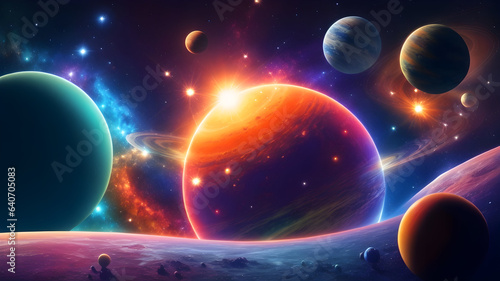 A Wallpaper Background featuring technicolour solar system  with planets and stars twinkling in the night sky.