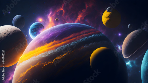 A Wallpaper/Background featuring technicolour solar system, with planets and stars twinkling in the night sky. photo
