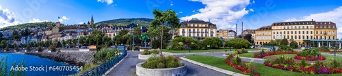 Switzerland travel and landmarks . scenic Neuchatel town, lake and canton. Swiss travel destinations © Freesurf