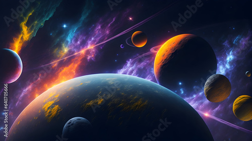 A Wallpaper/Background featuring technicolour solar system, with planets and stars twinkling in the night sky. photo