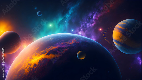 A Wallpaper/Background featuring technicolour solar system, with planets and stars twinkling in the night sky. photo