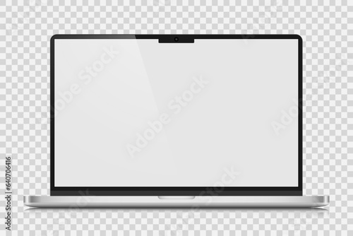 Realistic Laptop layout with silver case and white screen. A laptop with a reflection on a transparent background. Vector illustration.