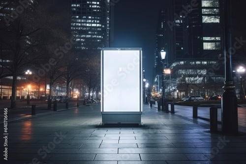 Town billboard, night and mockup space for marketing, blank advertising. Generative AI.