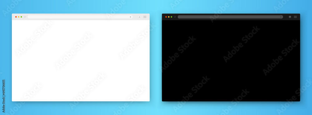A set of browser window in white and black on a blue background. Website layout with search bar, toolbar and buttons. Vector EPS 10.