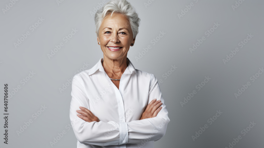 Successful businesswoman with crossed arms stands on a gray background. Successful businesswoman with crossed arms stands on a gray background.