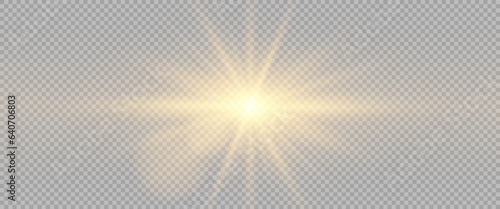 A shimmering golden star in on a transparent background. Sparkling and shining stars, bright flashes of lights with radiation. Vector EPS 10.