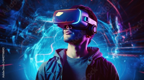 Portrait of young man wearing virtual reality headset against futuristic background