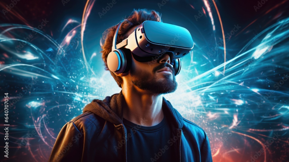 Portrait of young man wearing virtual reality headset against futuristic background Portrait of young man wearing virtual reality headset against futuristic background
