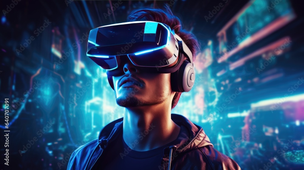 Portrait of young man wearing virtual reality headset against futuristic background Portrait of young man wearing virtual reality headset against futuristic background