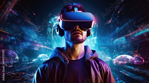 Portrait of young man wearing virtual reality headset against futuristic background © Mr. Muzammil