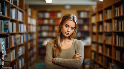 Female student standing in front of book shelves in college library