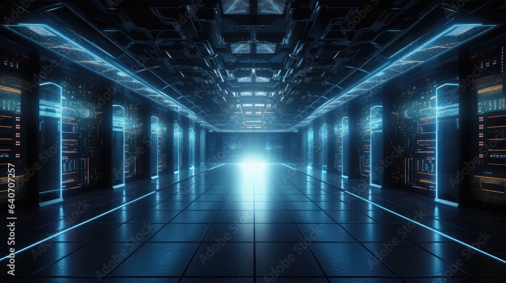 futuristic server room or data center corridor with neon lights in dark background